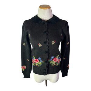 Vintage Herman Geist Size S Black Knit Cardigan Floral Embroidery